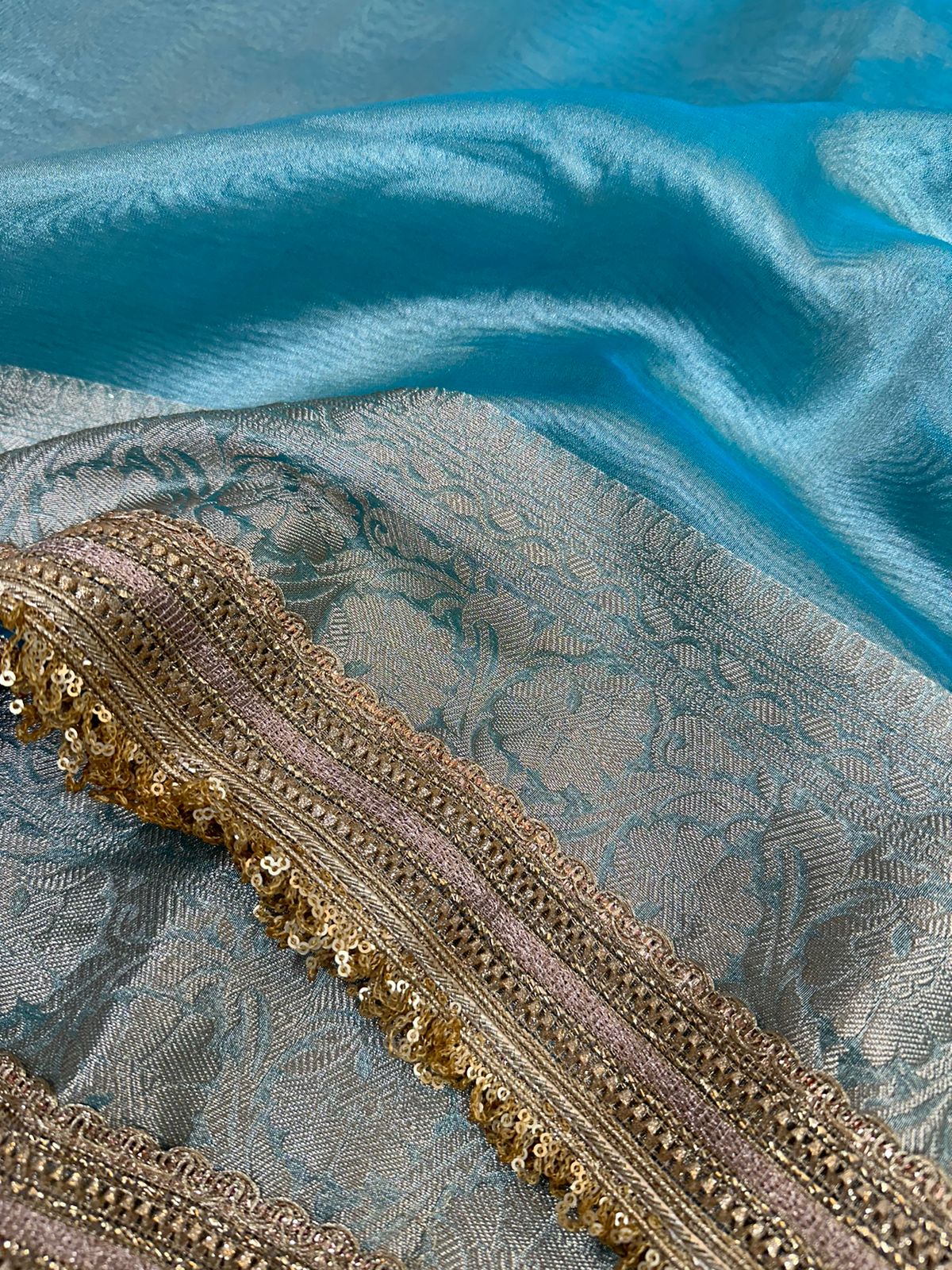 Sea Blue Tissue Silk Lace Attached Banarasi Saree