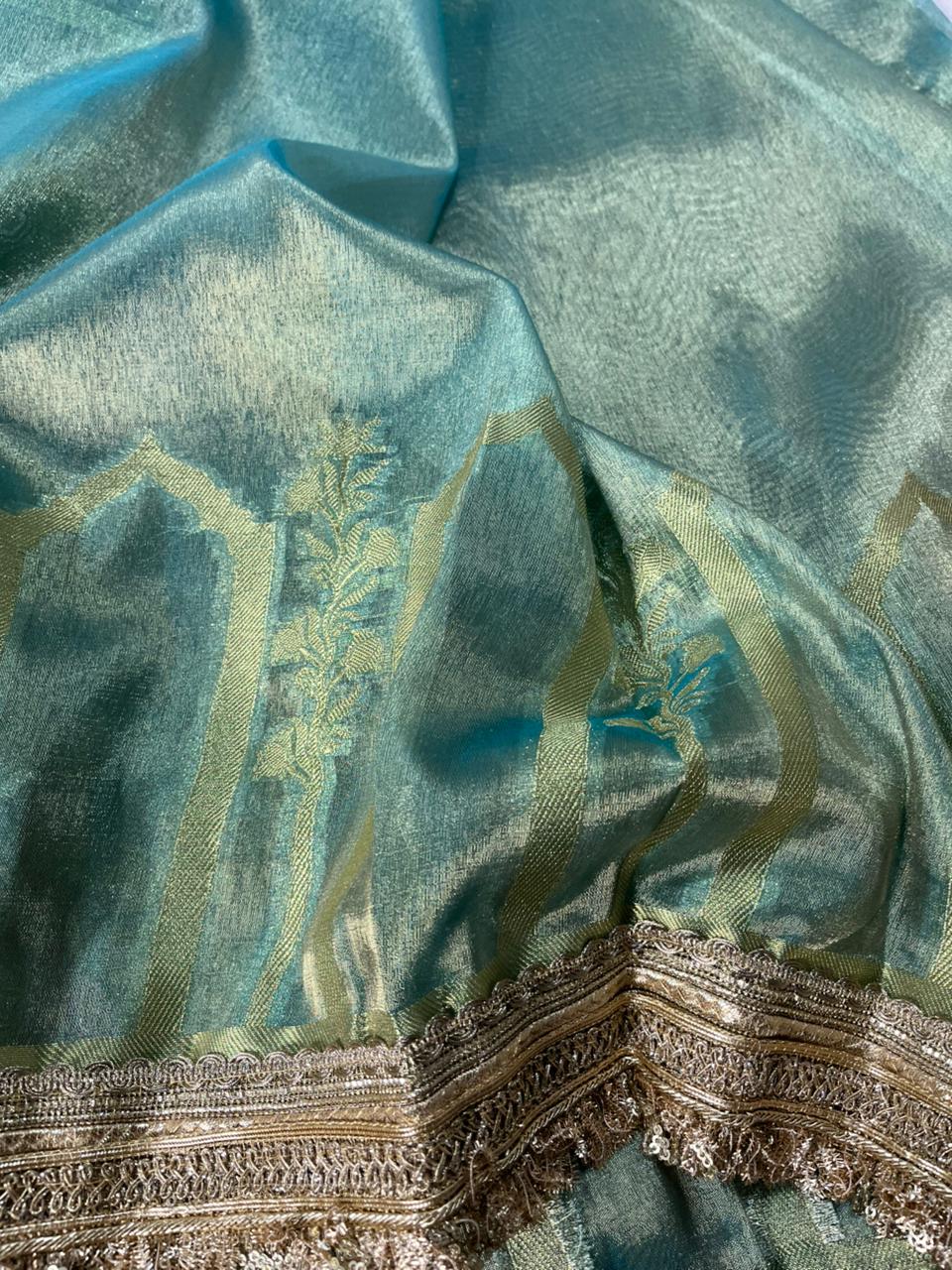Sea Blue Tissue Silk Mughali Art Heavy Lace Work Banarasi Saree