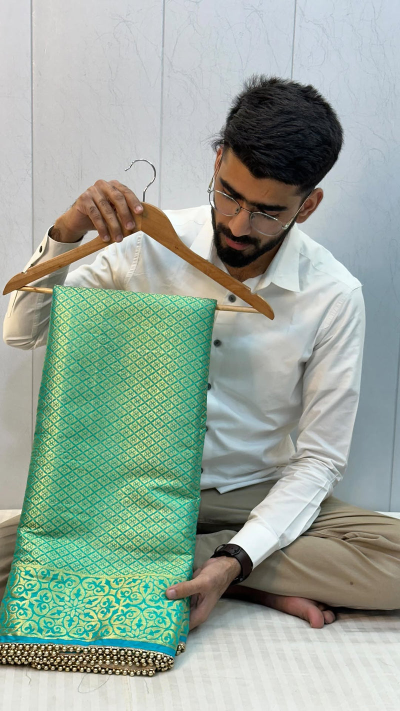 Sea Green Brocade Tissue Silk Moti Lace Attached Banarasi Saree