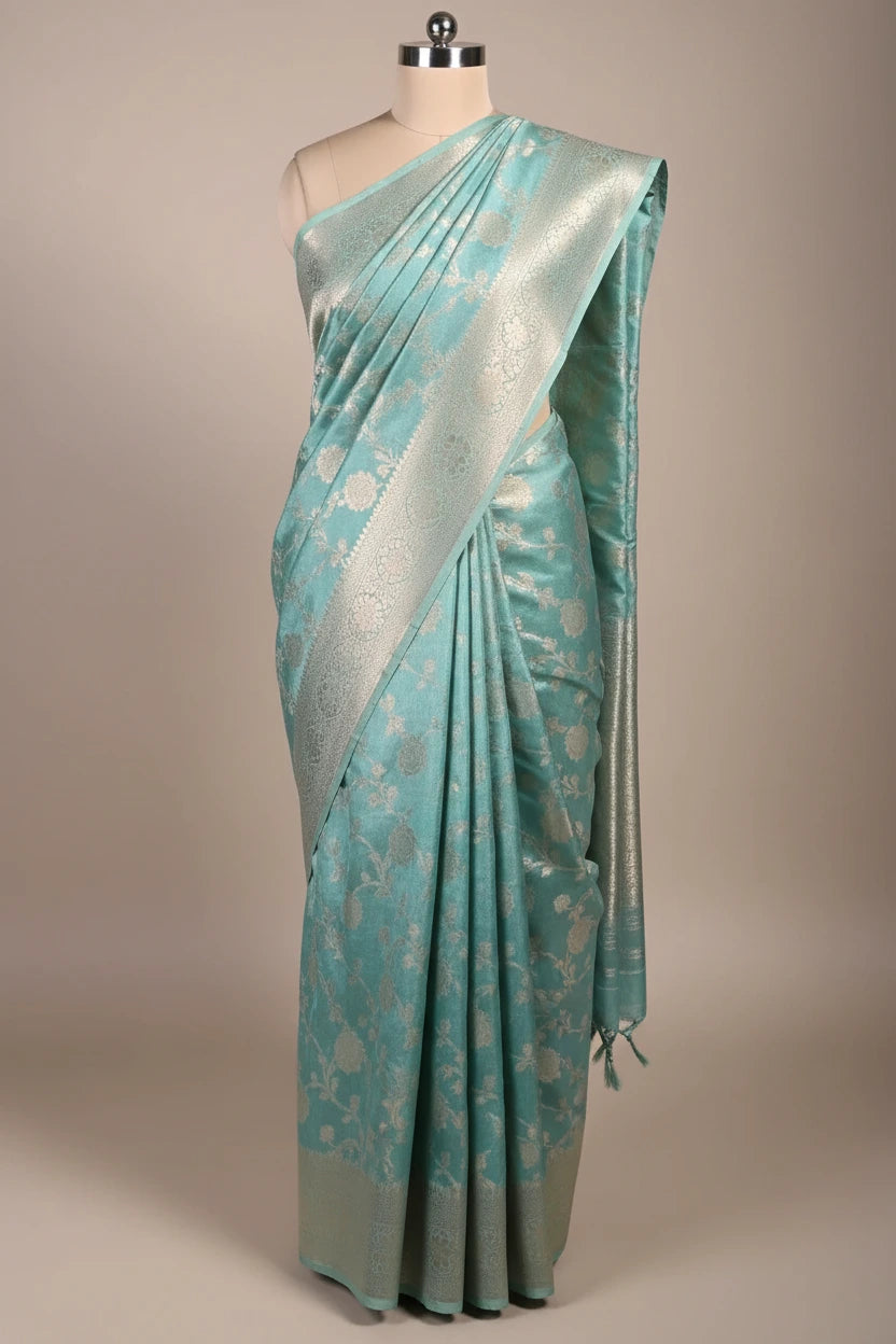 Sea Green Chinia Silk Floral Jaal Weave Banarasi Saree