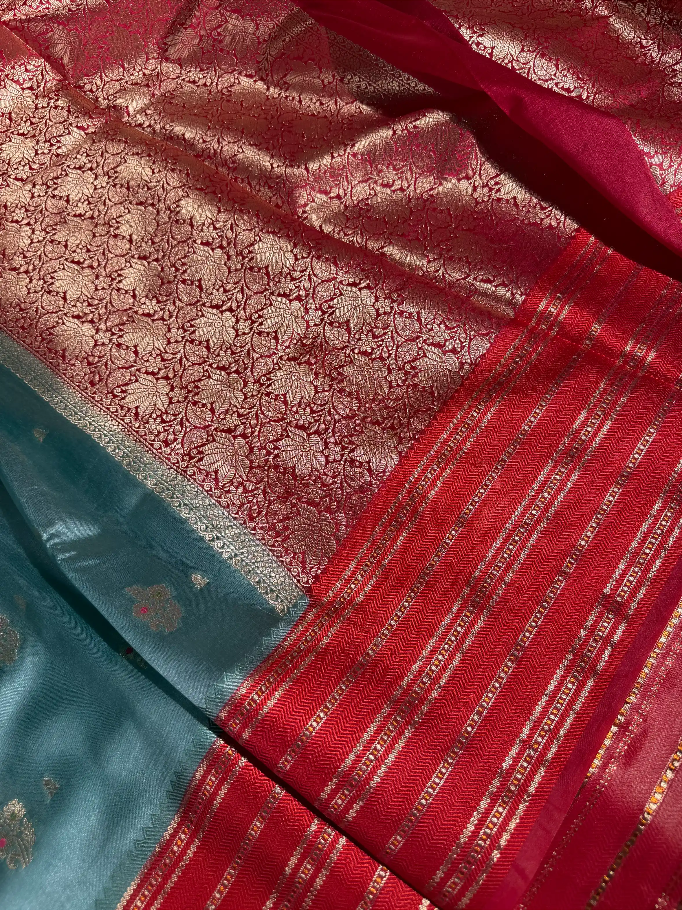 Sea Green Contrast Raw Dupion Silk Banarasi Saree