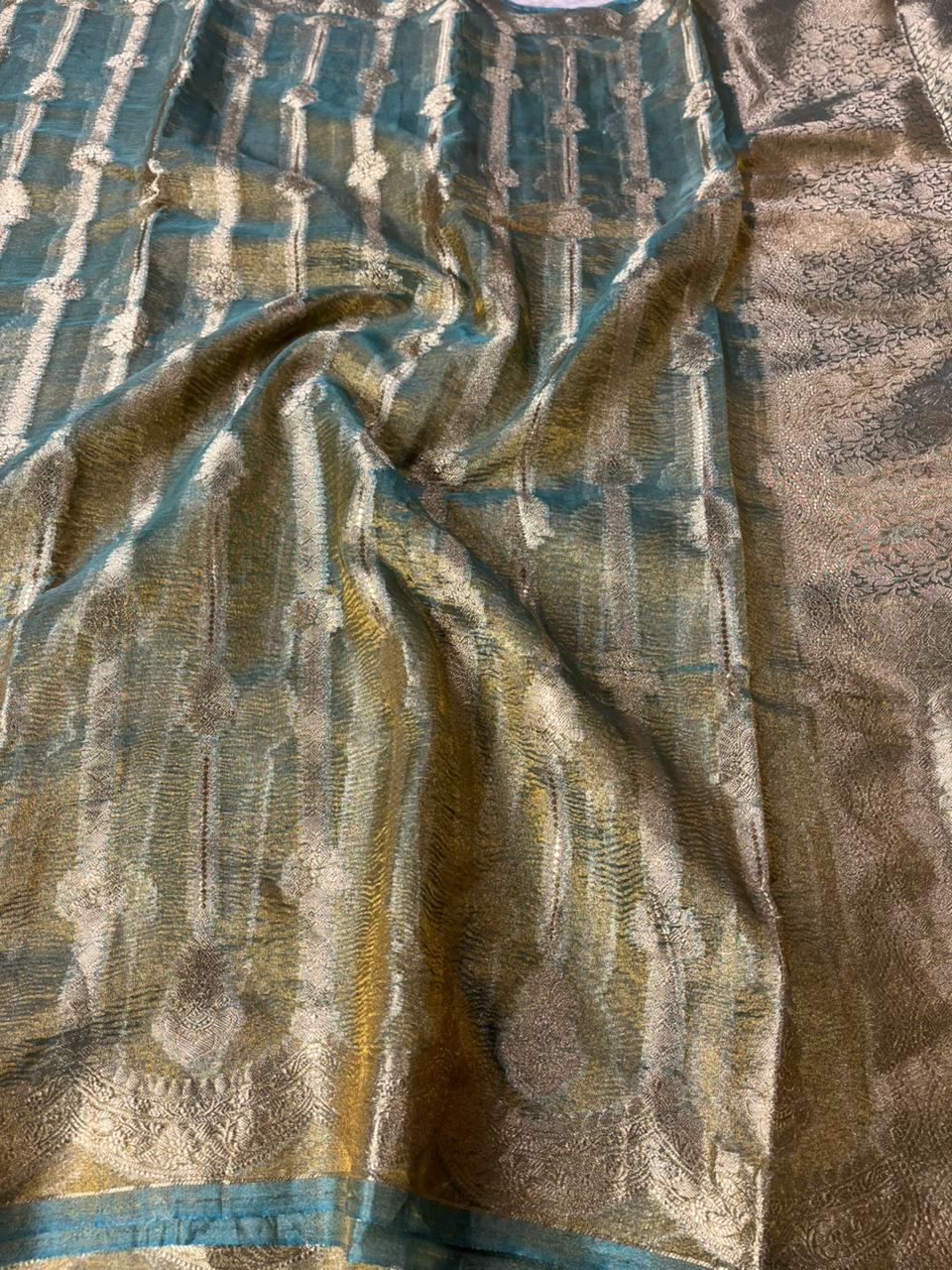Sea Green Crush Tissue Silk Banarasi Saree