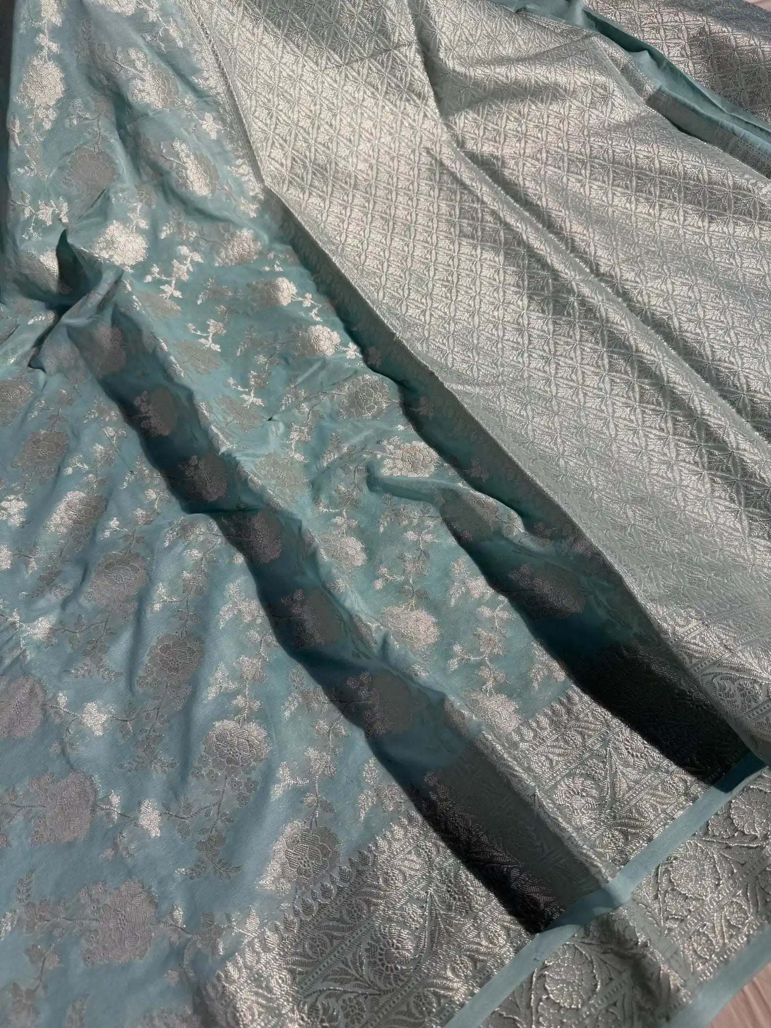 Sea Green Georgette Silk Grand Floral Weave Banarasi Saree
