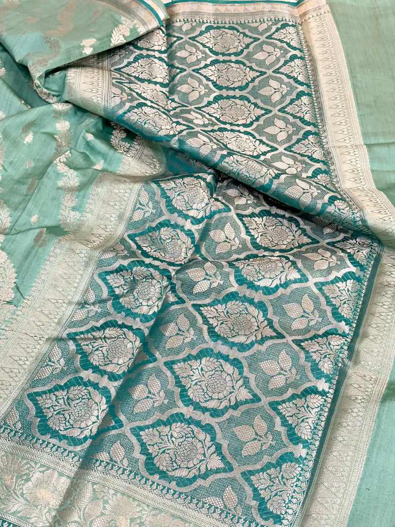 Sea Green Leheriya Pure Chiniya Silk Banarasi Saree