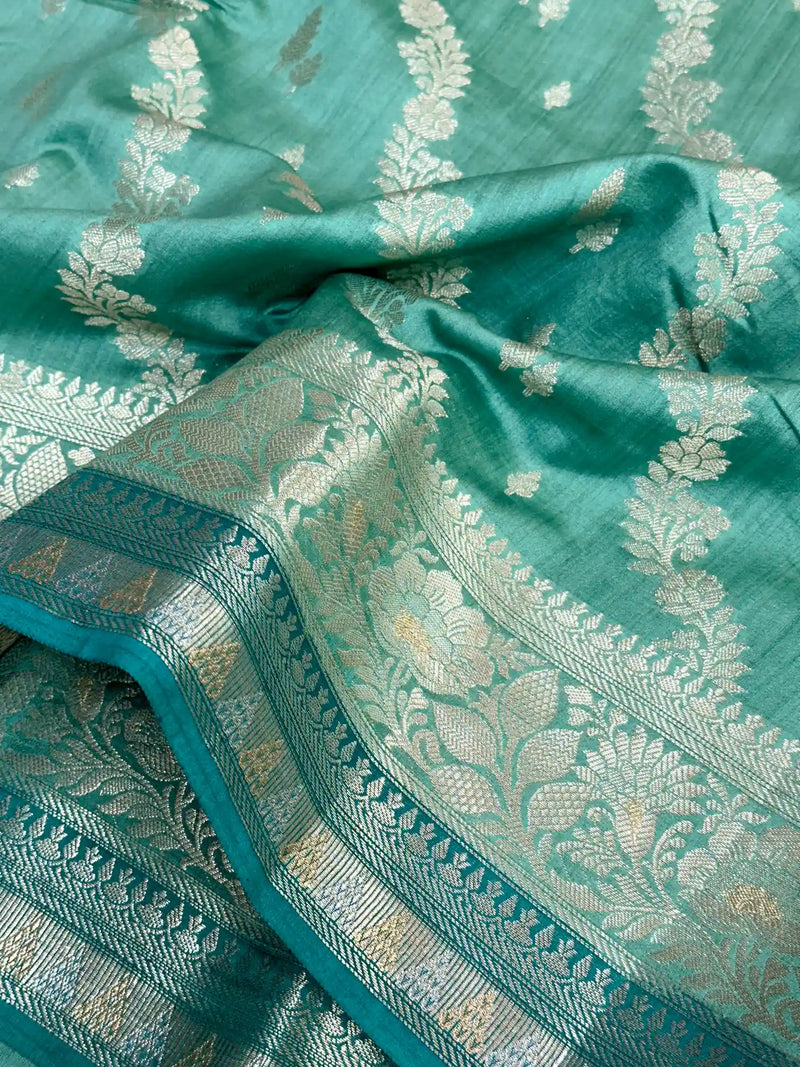 Sea Green Leheriya Pure Chiniya Silk Banarasi Saree