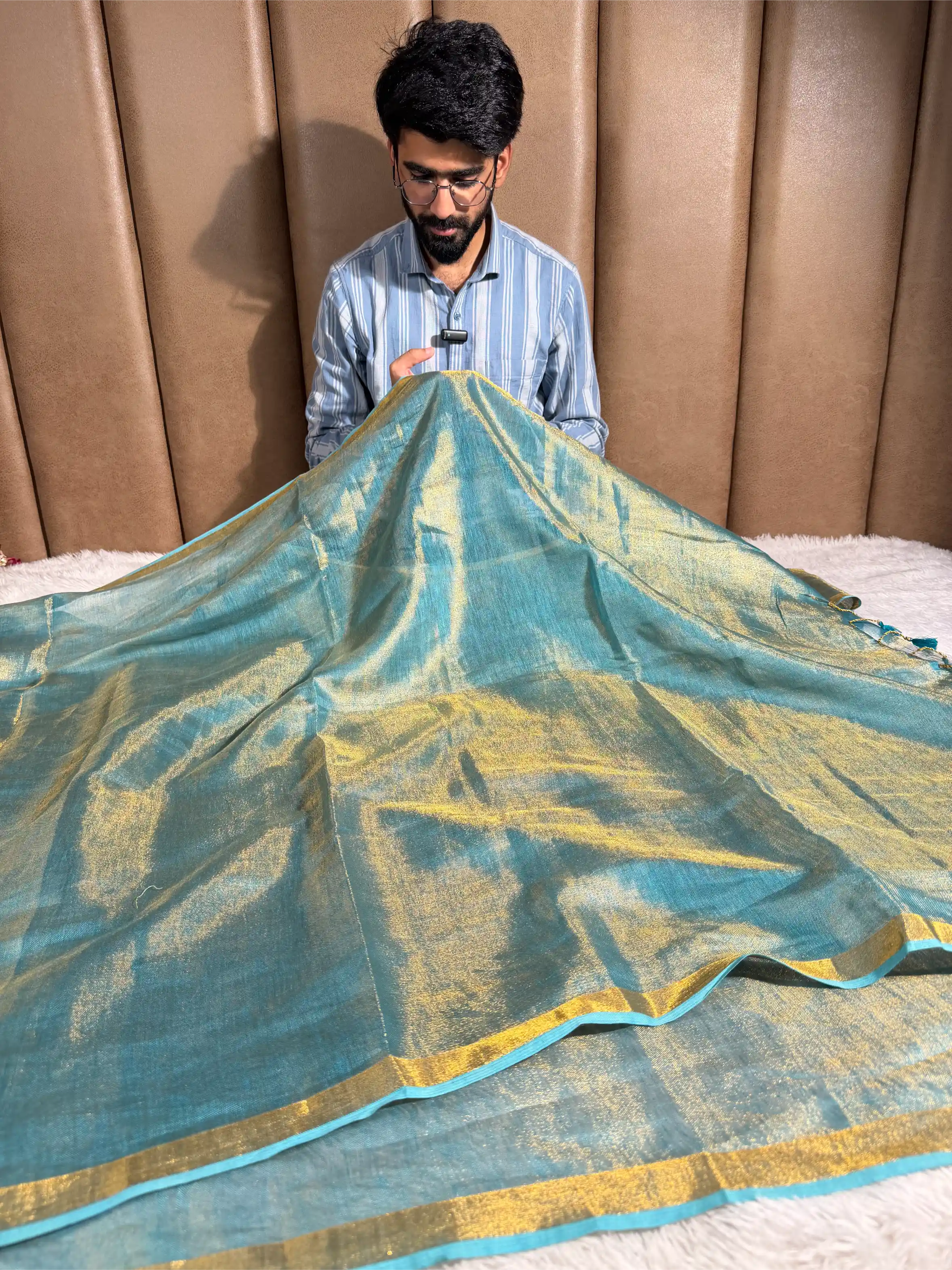 Sea Green Linen Tissue Silk Banarasi Saree