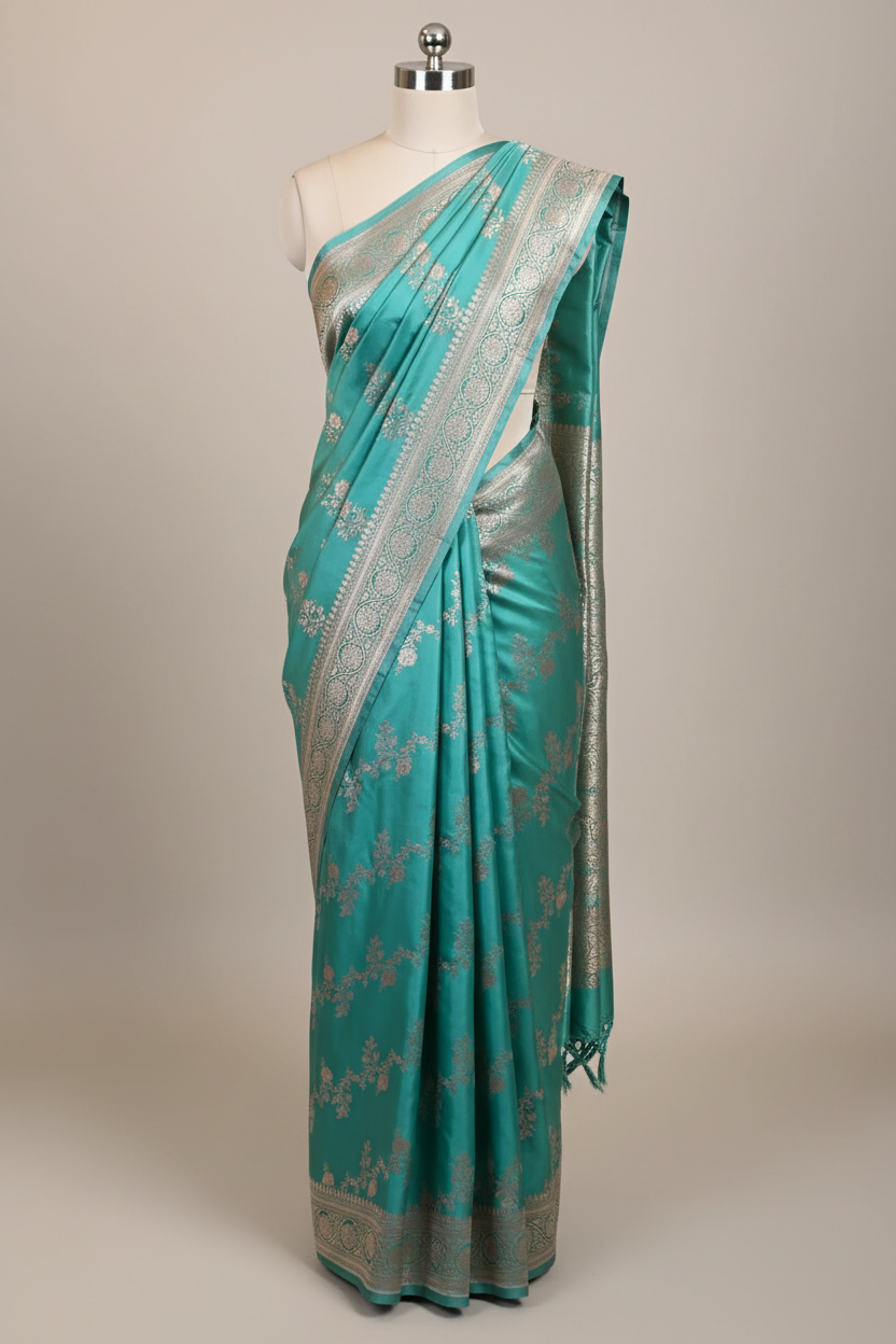 Sea Green Mashru Katan Silk Leheriya Weave Banarasi Saree