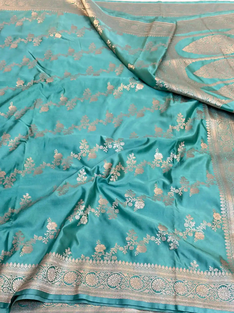 Sea Green Mashru Katan Silk Leheriya Weave Banarasi Saree