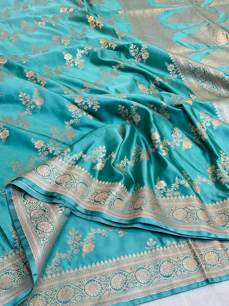 Sea Green Mashru Katan Silk Leheriya Weave Banarasi Saree