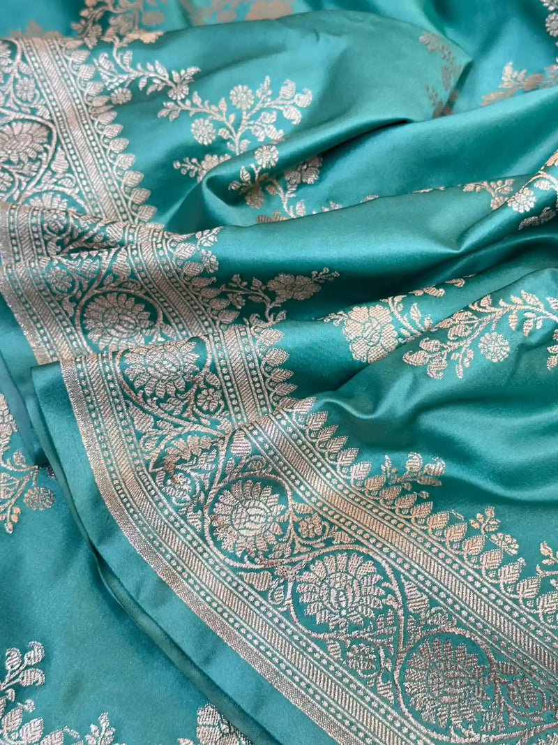 Sea Green Mashru Katan Silk Leheriya Weave Banarasi Saree