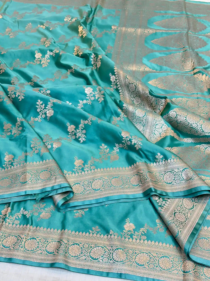 Sea Green Mashru Katan Silk Leheriya Weave Banarasi Saree