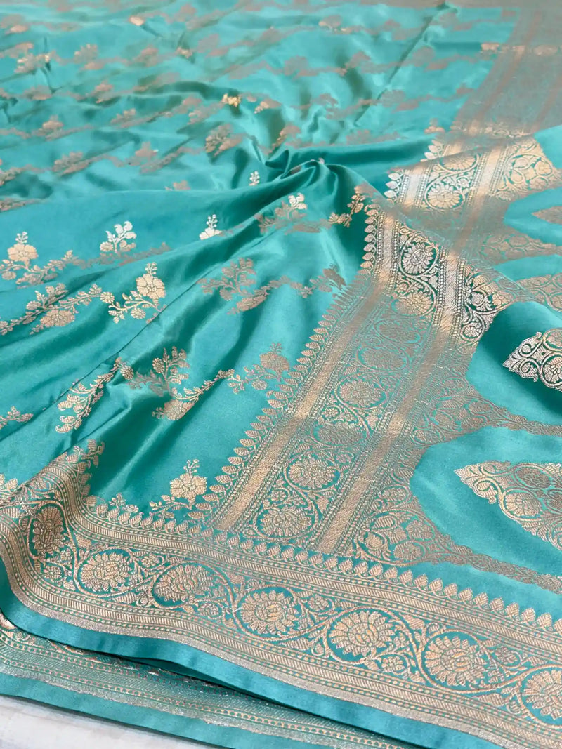 Sea Green Mashru Katan Silk Leheriya Weave Banarasi Saree