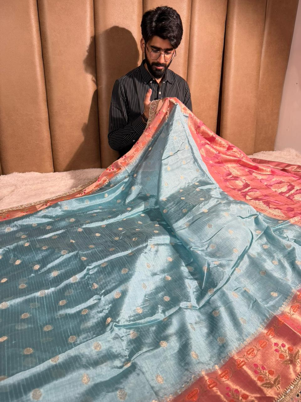 Sea Green Premium Dupion Silk Lace Work Banarasi Saree