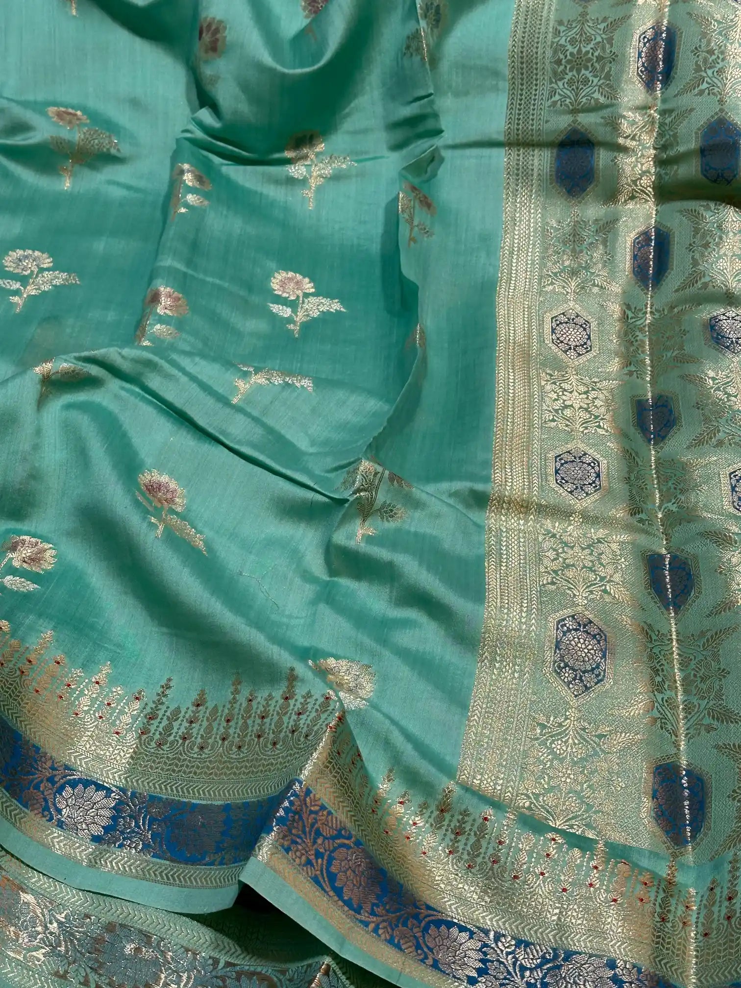 Sea Green Pure Chiniya Silk Hand Brush Dyed Banarasi Saree
