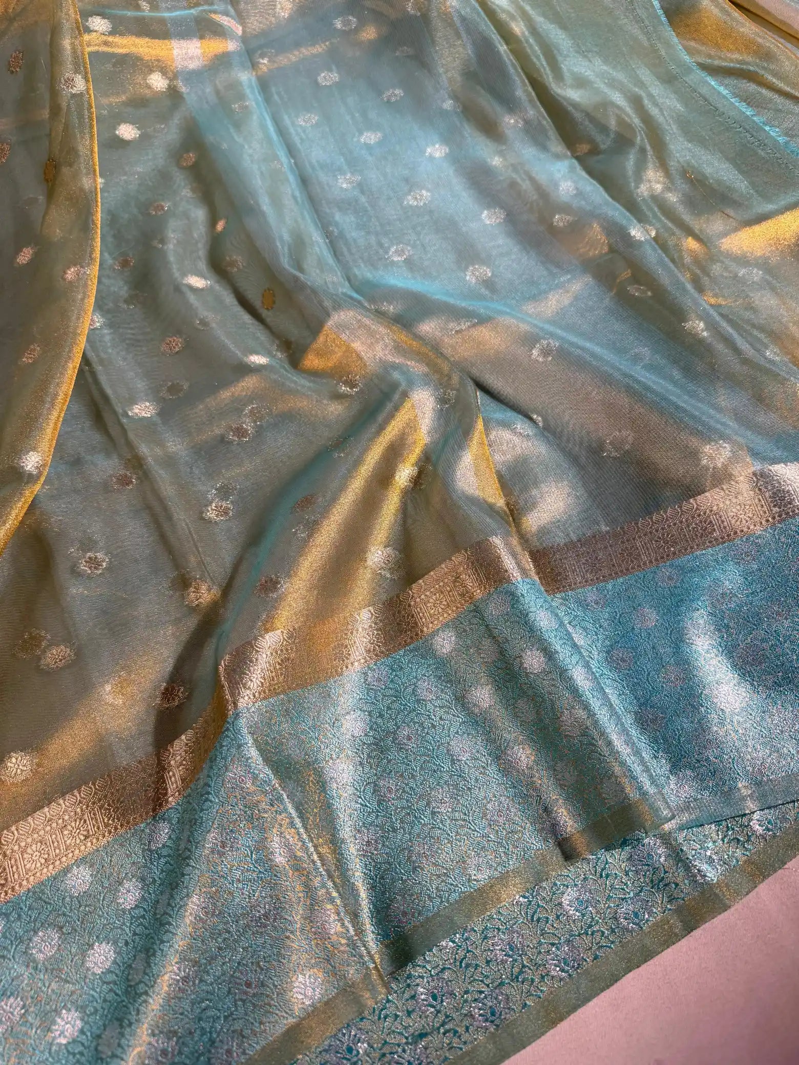 Sea Green Rusted Tissue Silk Heritage Weave Banarasi Saree