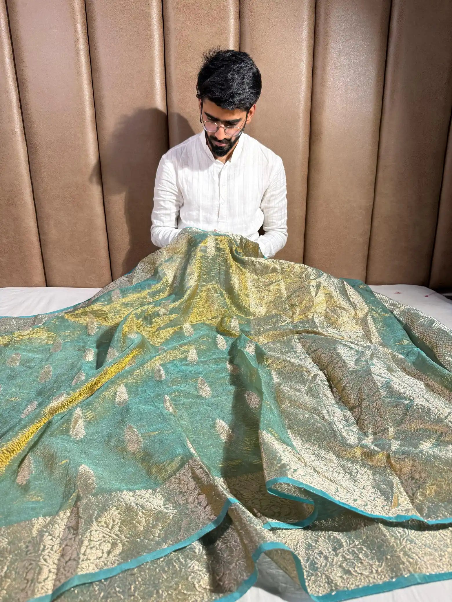 Sea Green Soft Tissue Silk Crushed Texture Banarasi Saree