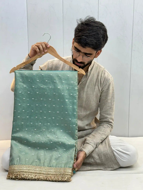 Sea Green Soft Tissue Silk Lace Work Designer Banarasi Saree