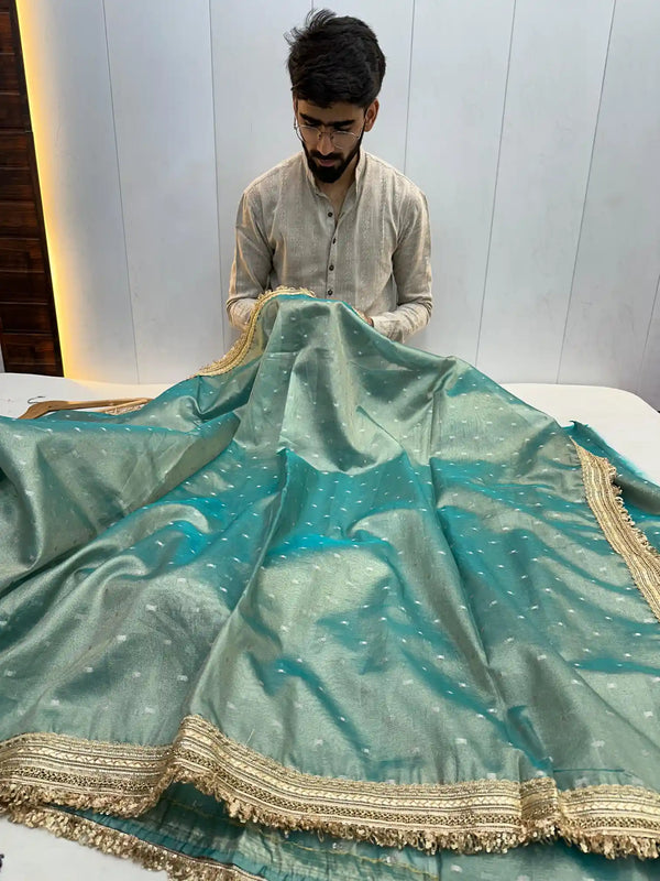 Sea Green Soft Tissue Silk Lace Work Designer Banarasi Saree