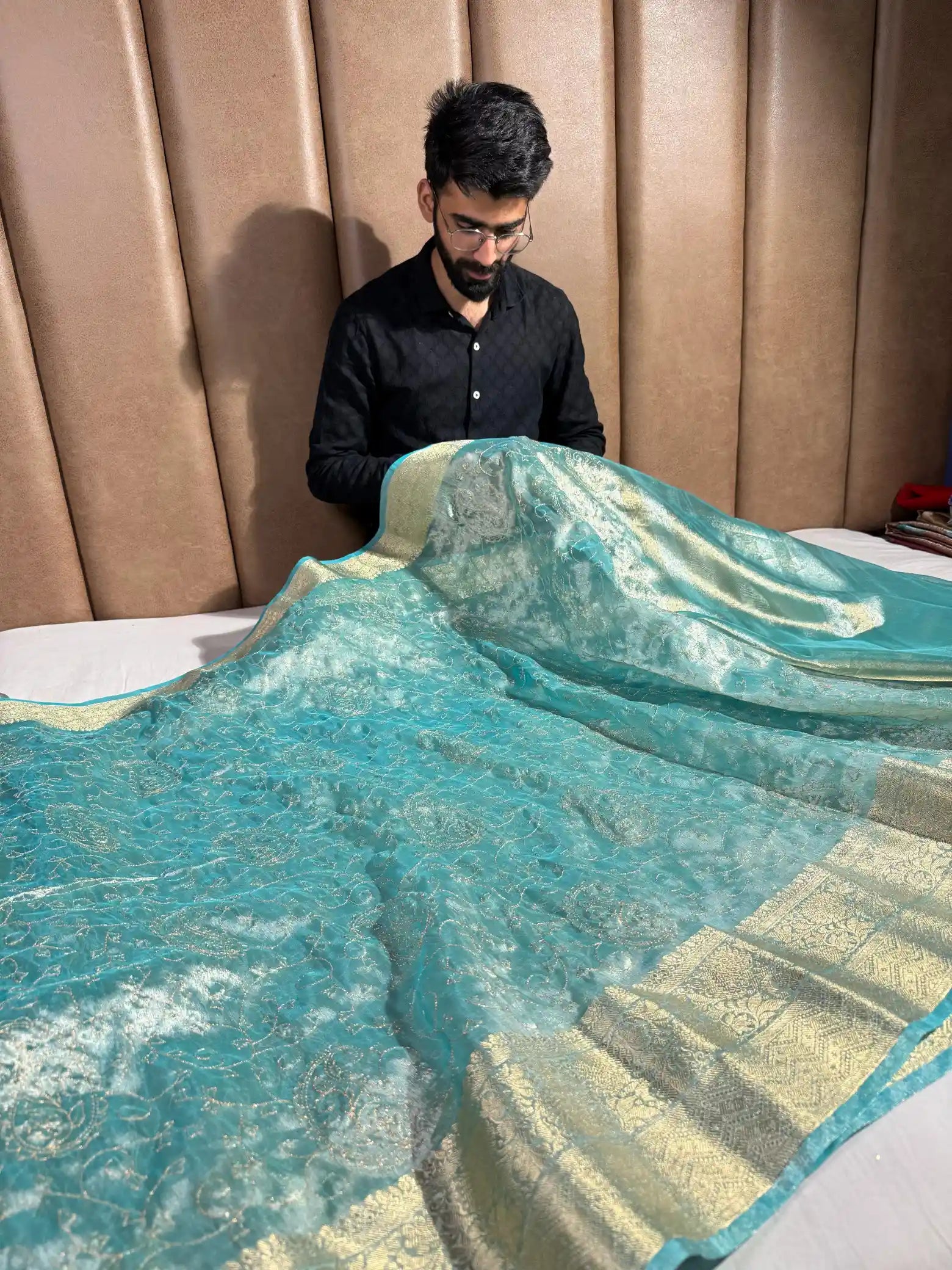Sea Green Tissue Silk Chikankari Embroidered Banarasi Saree