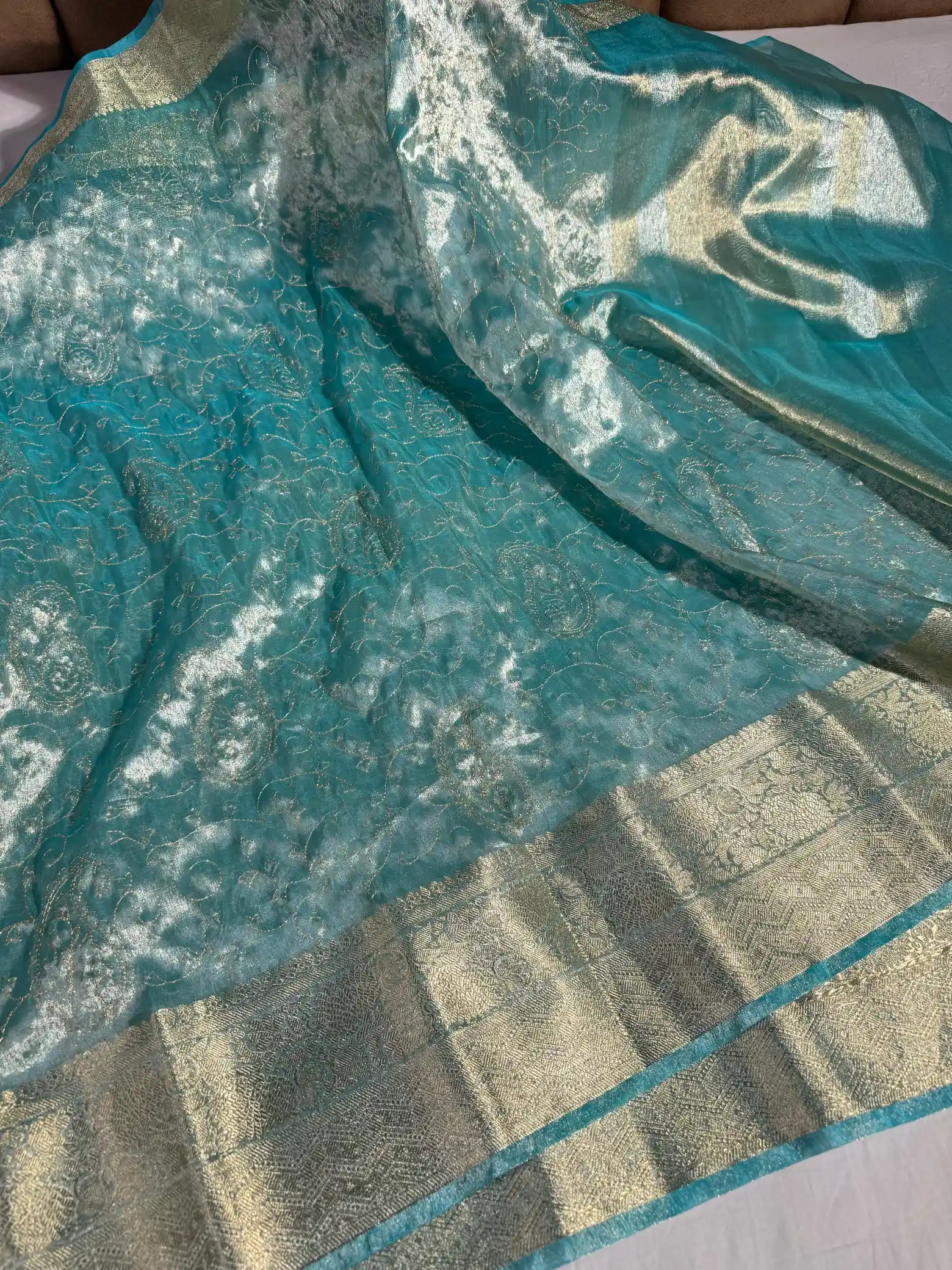 Sea Green Tissue Silk Chikankari Embroidered Banarasi Saree