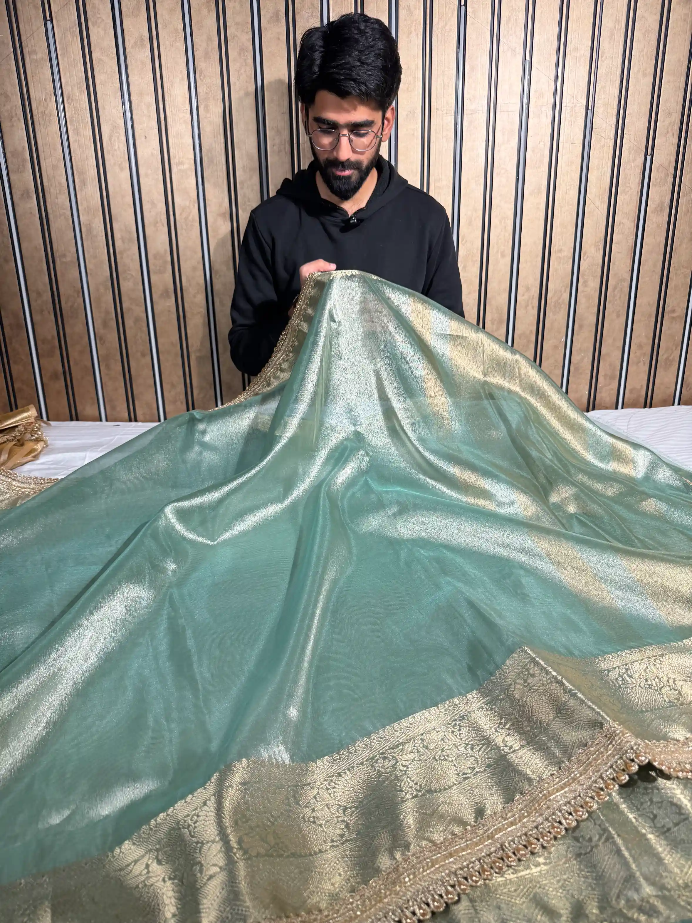 Sea Green Tissue Silk Designer Lace Attached Banarasi Saree