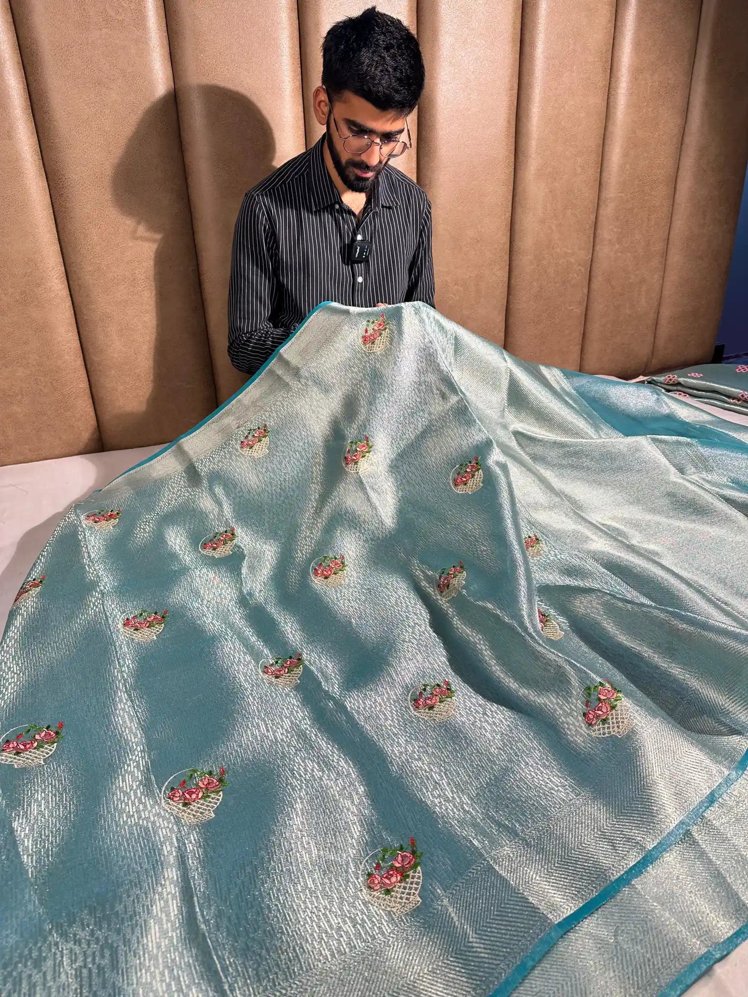 Sea Green Tissue Silk Knitted Embroidery Work Banarasi Saree