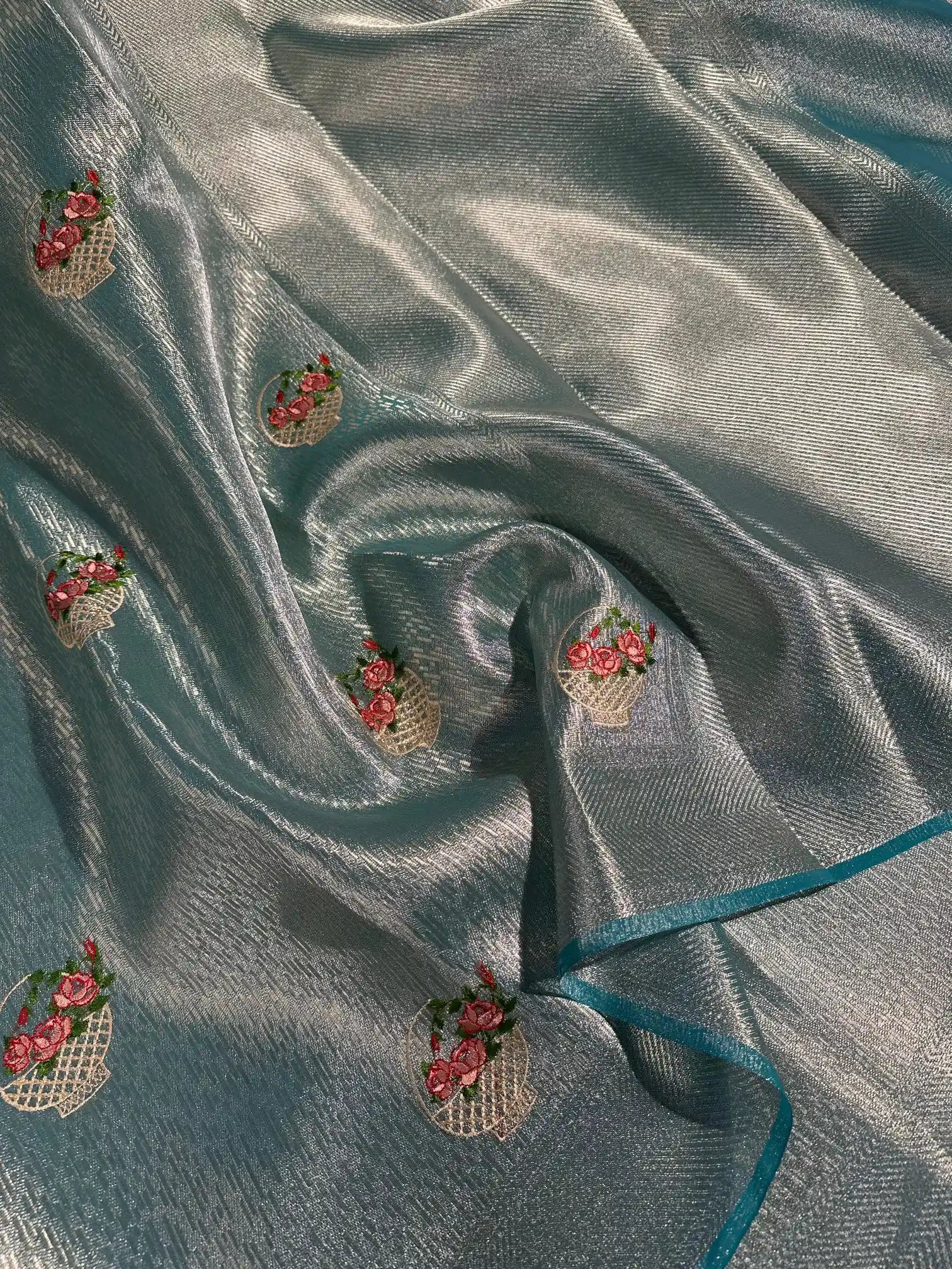 Sea Green Tissue Silk Knitted Embroidery Work Banarasi Saree