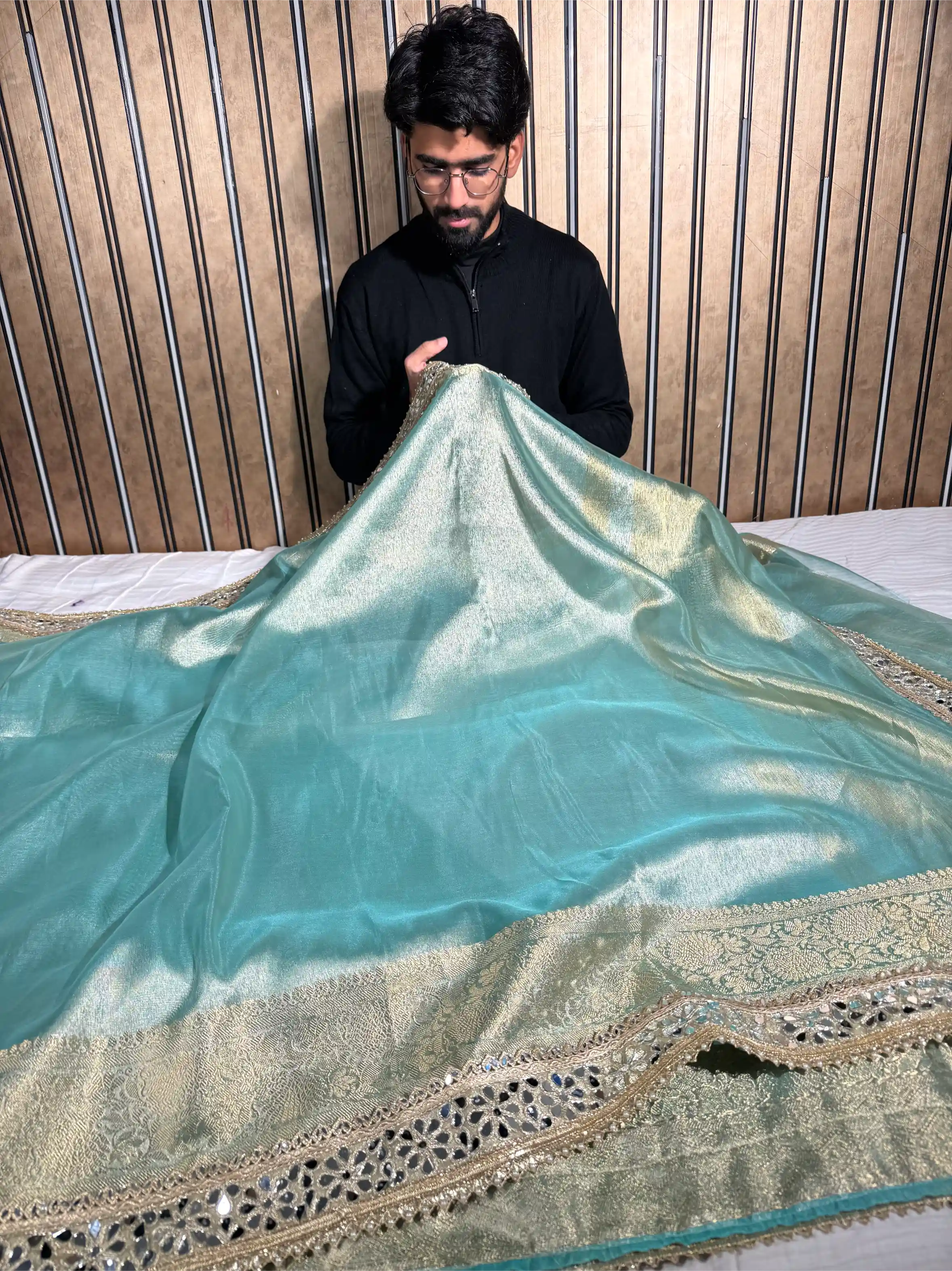 Sea Green Tissue Silk Majestic Mirror Work Gota Attached Banarasi Saree