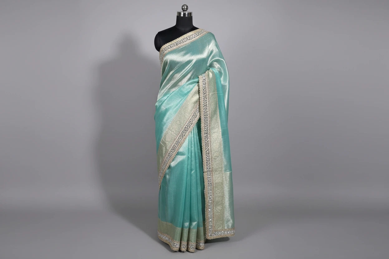 Sea Green Tissue Silk Majestic Mirror Work Gota Attached Banarasi Saree