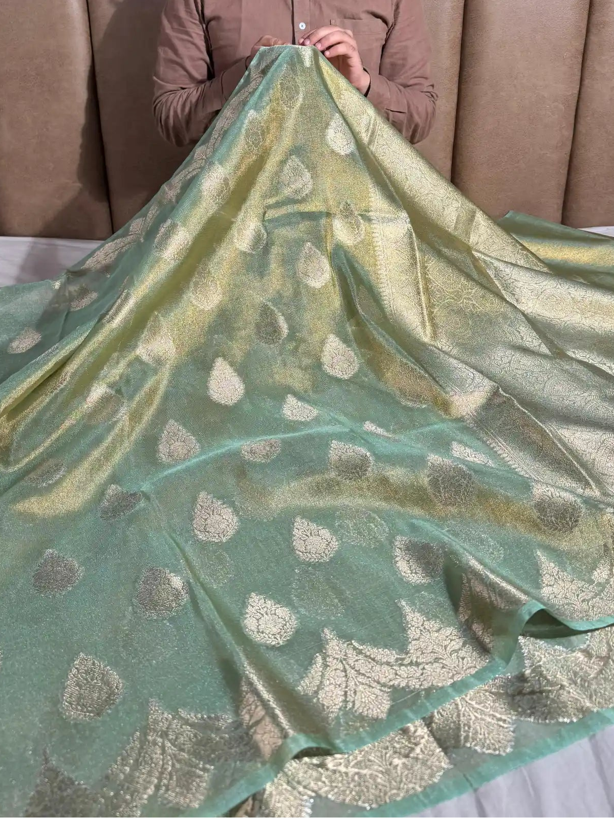 Sea Green Tissue banarasi saree with rich pallu and blouse