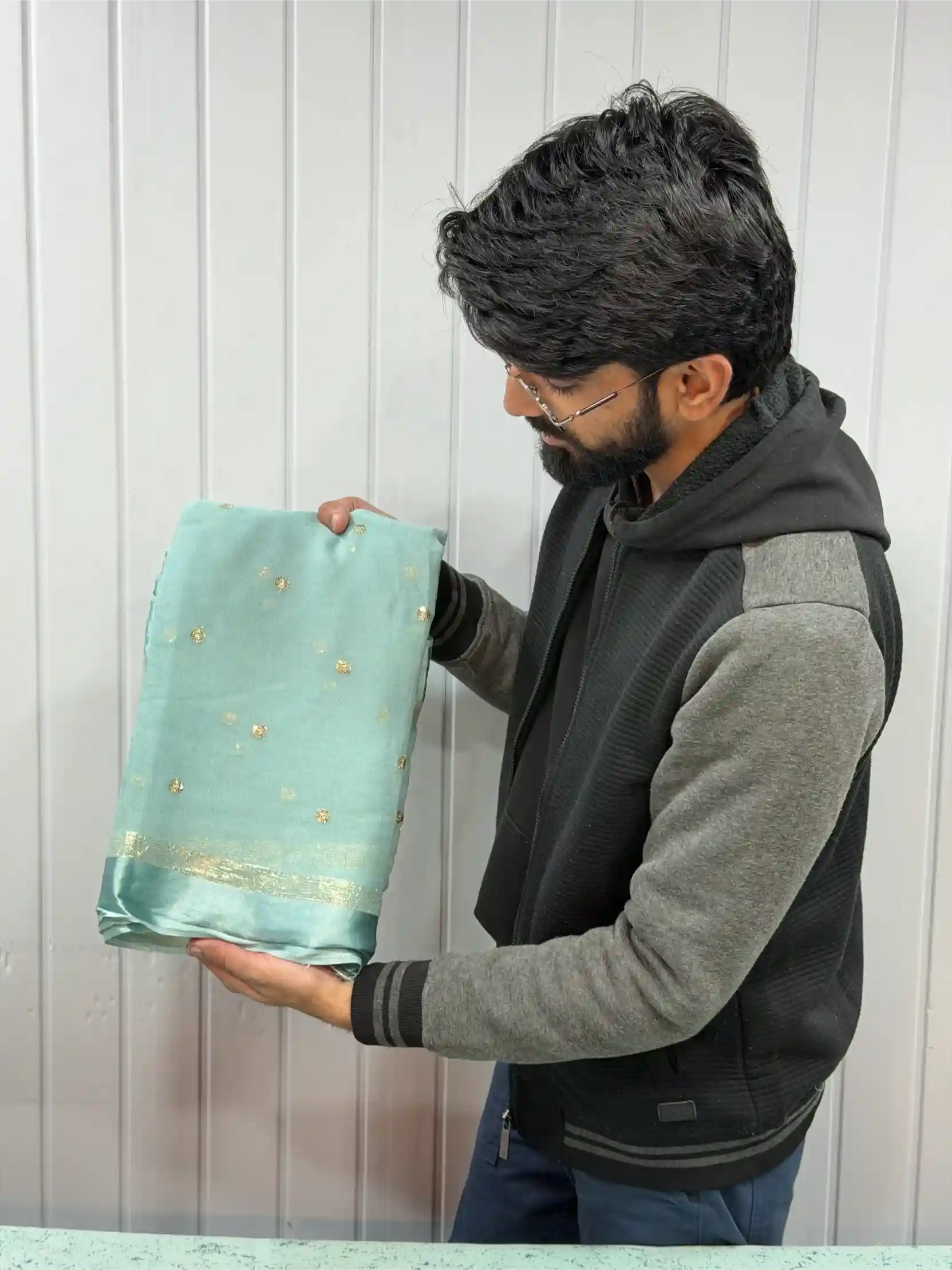 Sea Green Viscose Georgette Silk Embroidered Work Banarasi Saree
