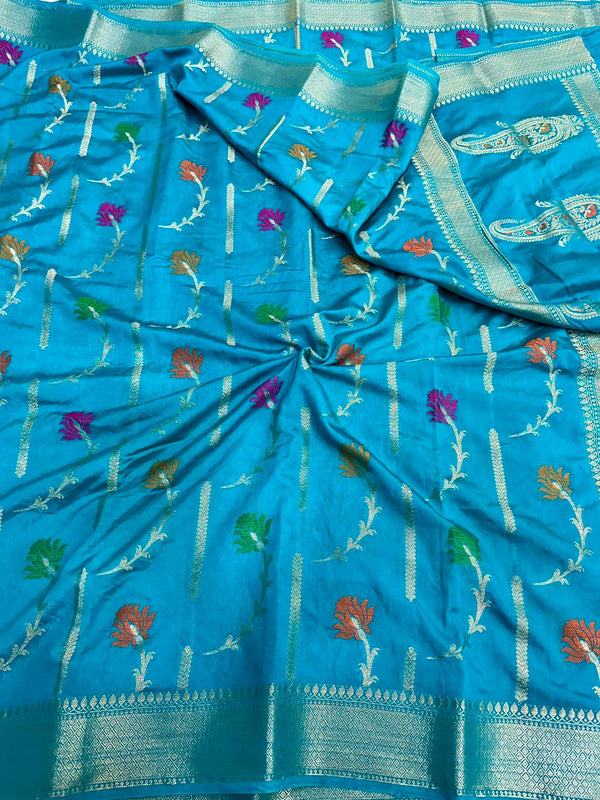 Sea Blue Mysore Crepe Silk Meenakari Floral Saree