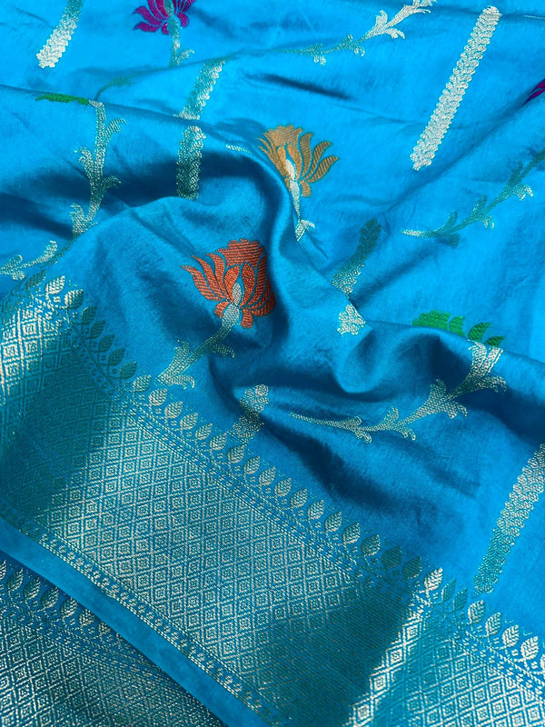 Sea Blue Mysore Crepe Silk Meenakari Floral Saree