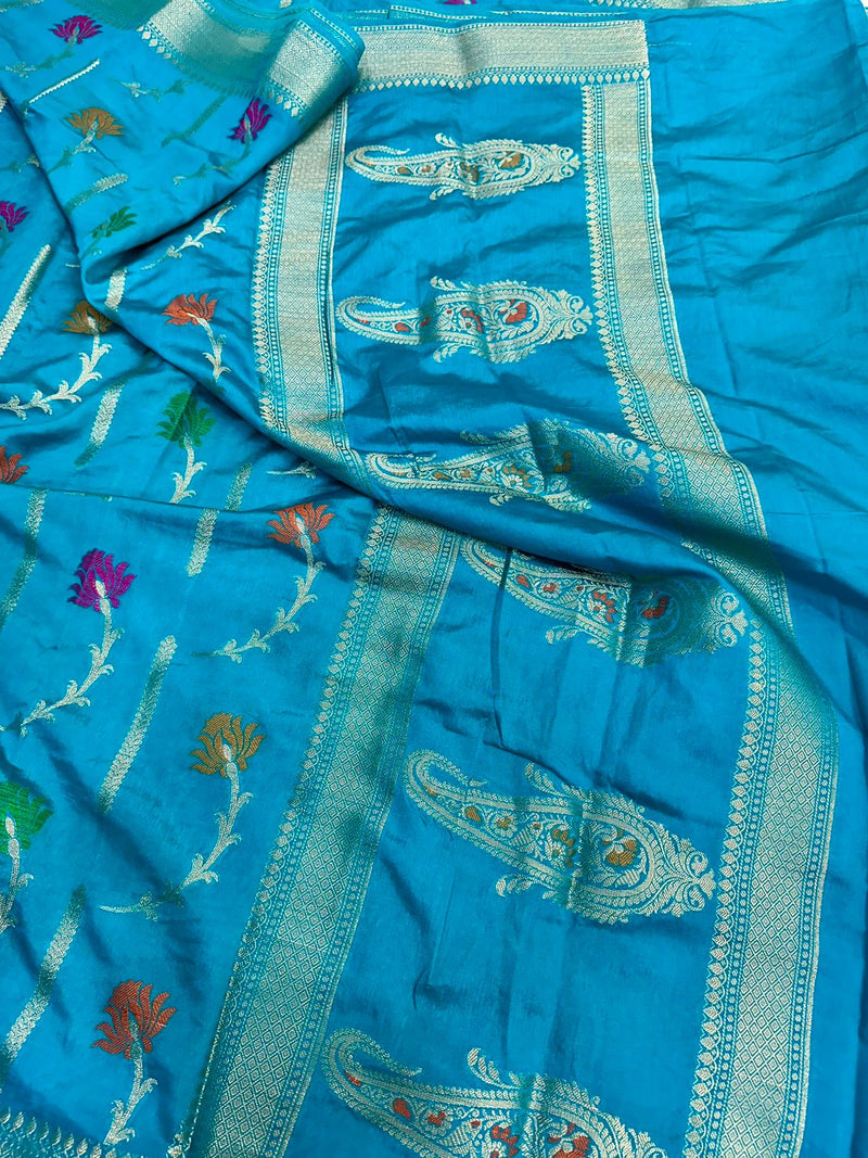 Sea Blue Mysore Crepe Silk Meenakari Floral Saree