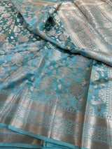 Sea Blue Pure Chiniya Silk Banarasi Saree