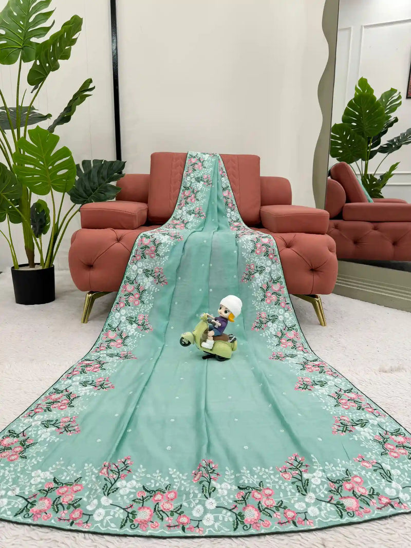 Sea Green Color Premium Softsilk Handwork Embroidered Saree