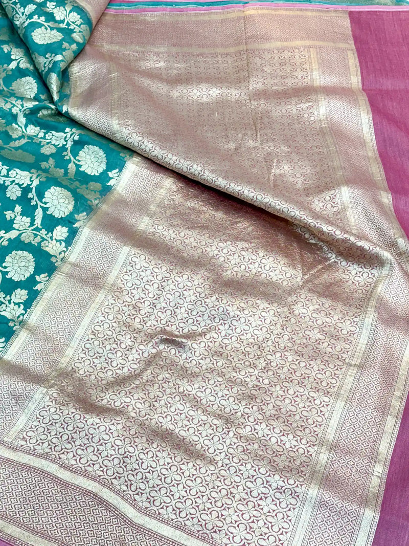 Sea Green Contrast Munga Silk Banarasi Saree