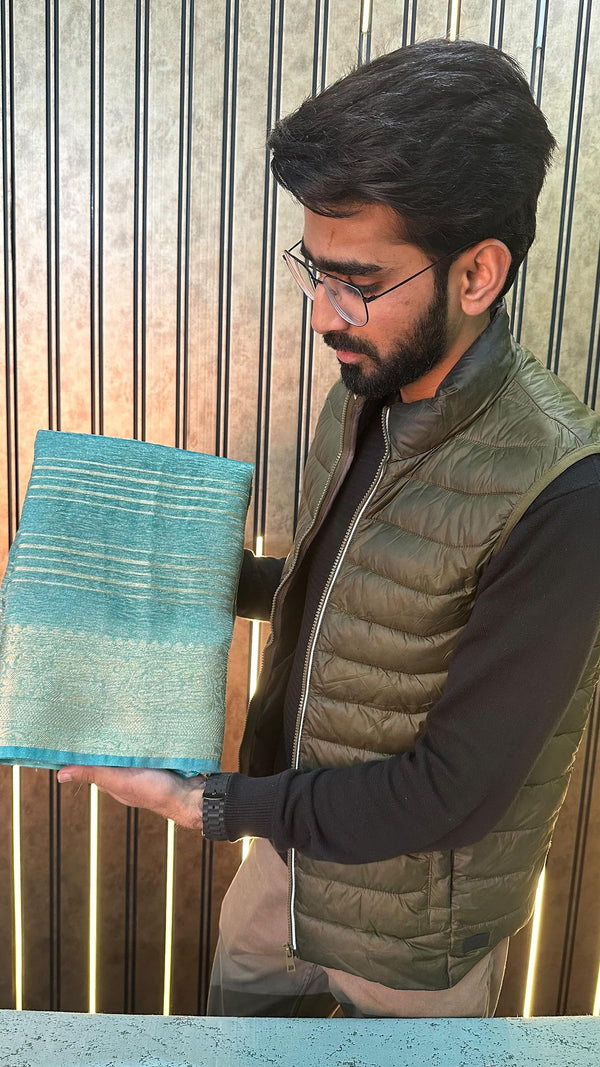Sea Green Crushed Tissue Silk Zari Striped Banarasi Saree
