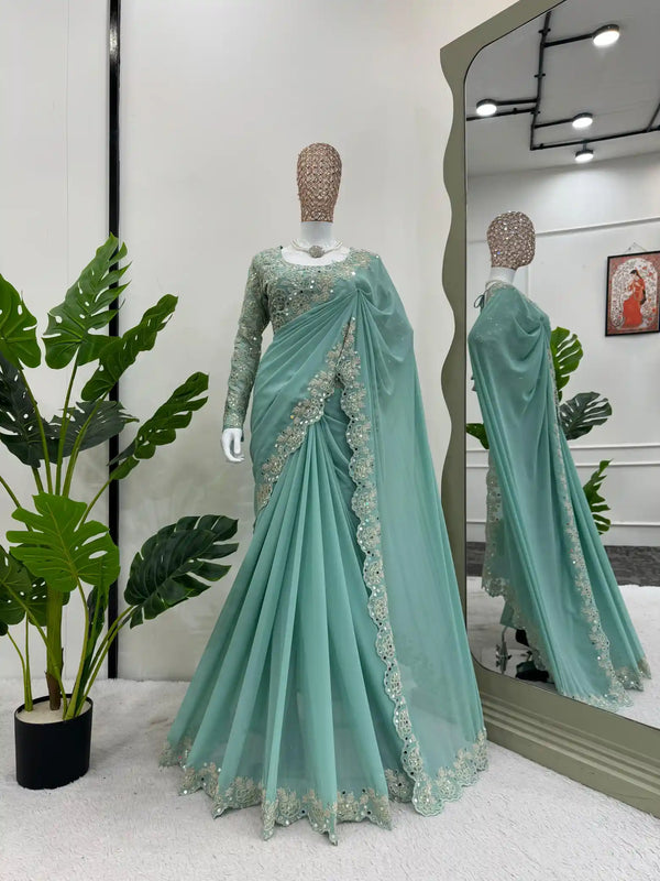 Sea Green Faux Georgette Silk Mirror Work Scallop Saree