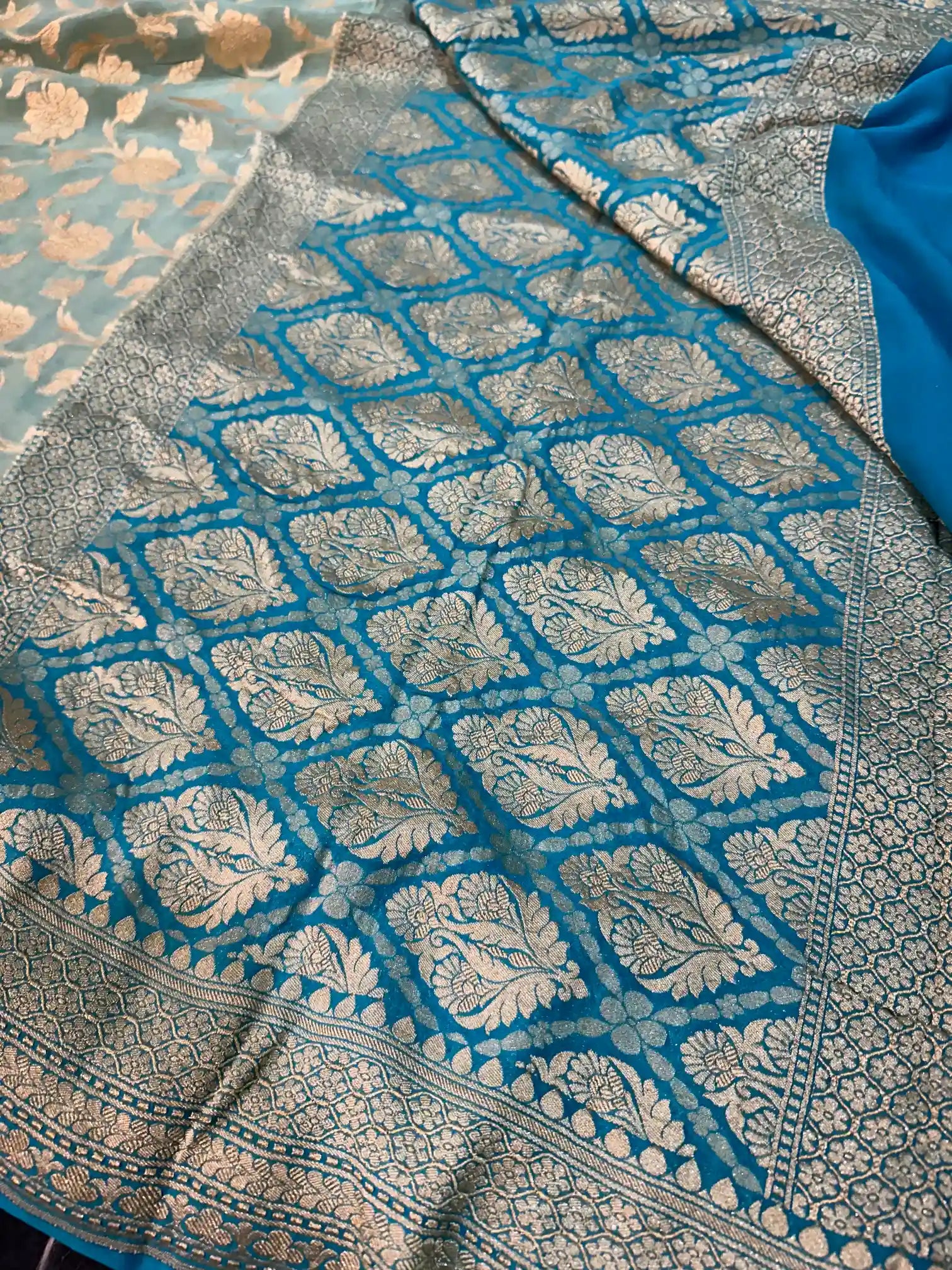 Sea Green Floral Weave Khaddi Georgette Banarasi Saree