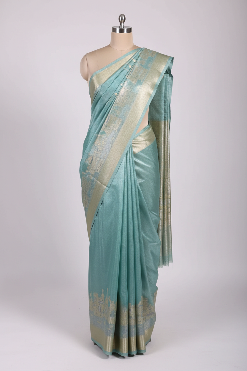 Sea Green Georgette Silk Ghat Pattern Banarasi Saree