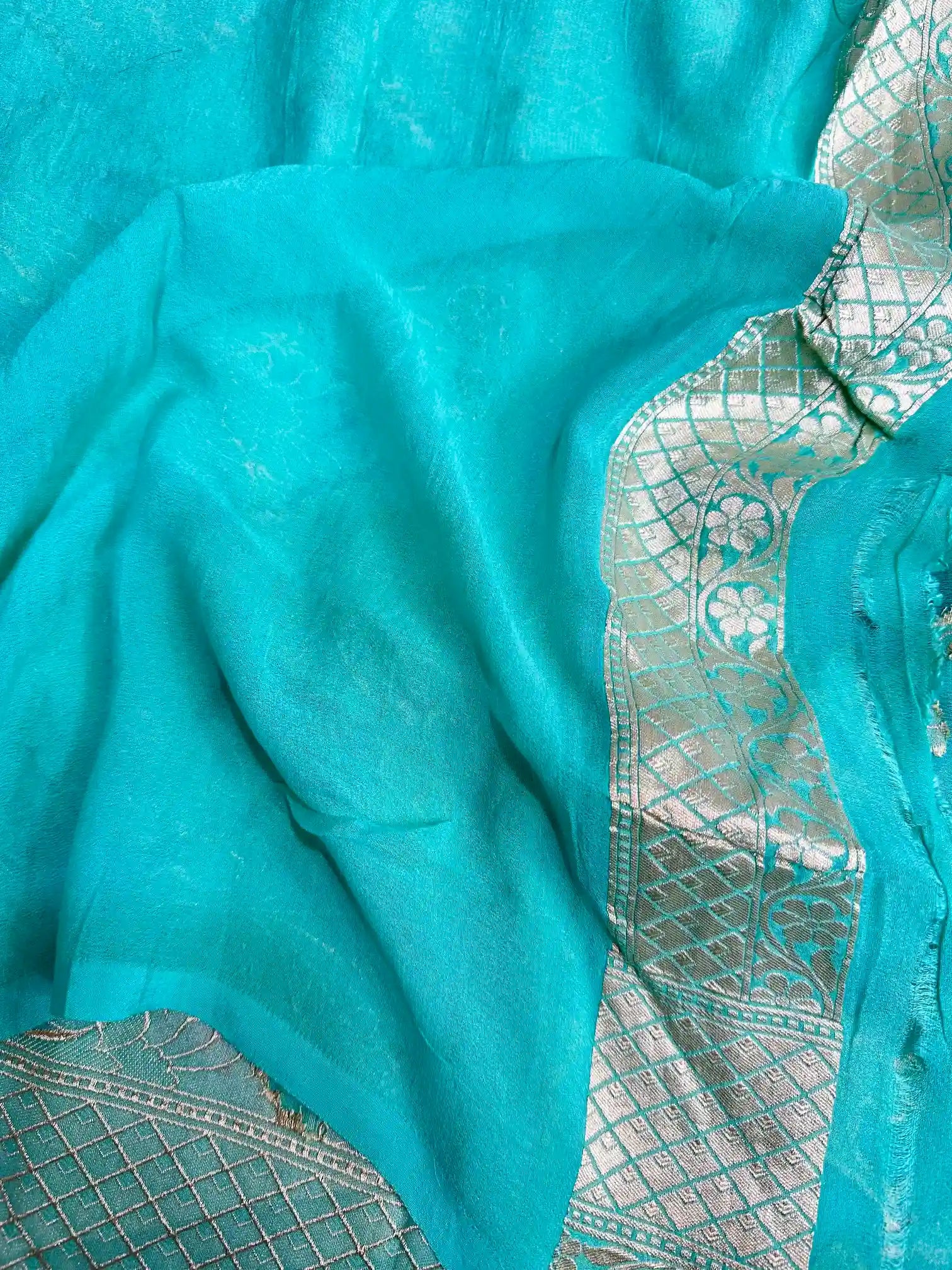Sea Green Handbrudh Khaddi Georgette Banarasi Saree