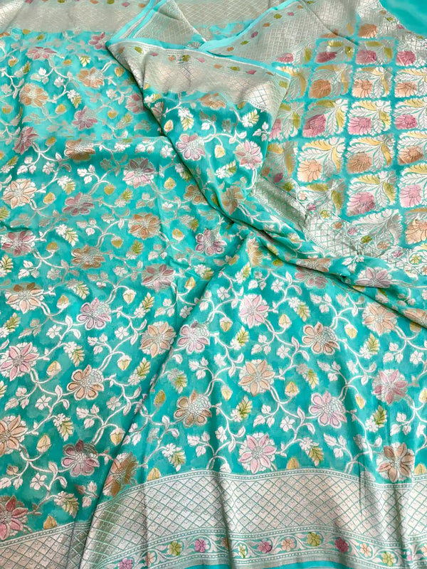 Sea Green Handbrudh Khaddi Georgette Banarasi Saree