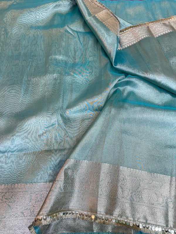 Sea Green Jacquard Glass Tissue Saree