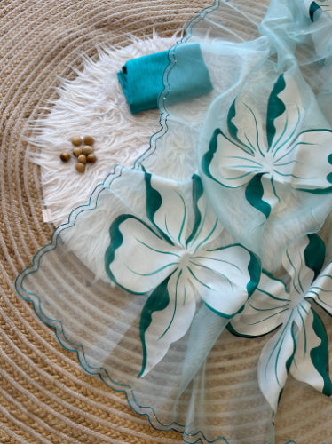 Sea Green Kora Organza Saree With Hand Painted Work