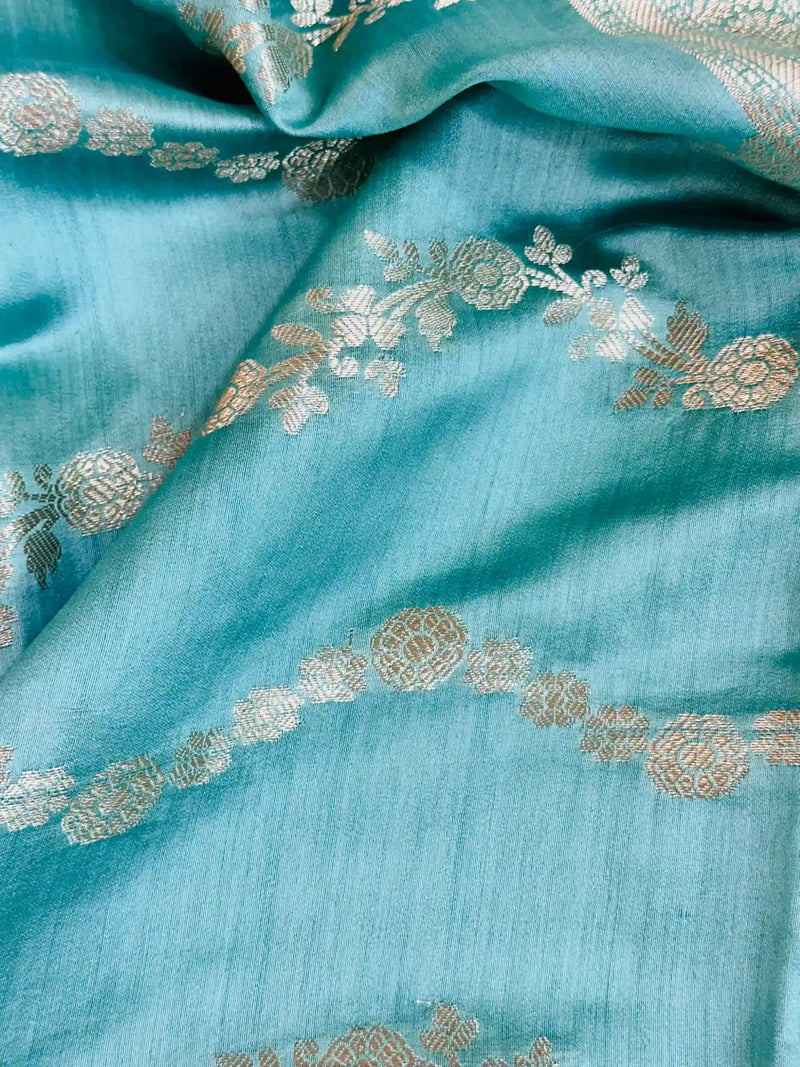 Sea Green Pure Chiniya Silk Banarasi Saree