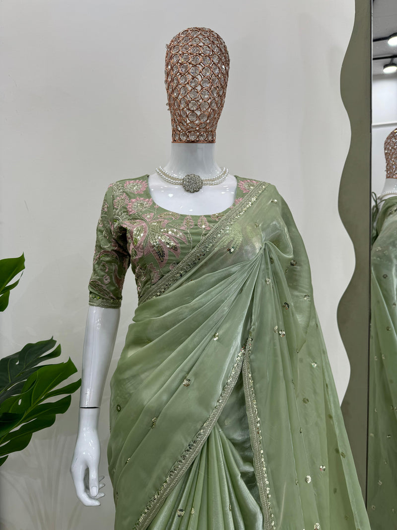 Sea Green Shimmery Tissue Designer Saree