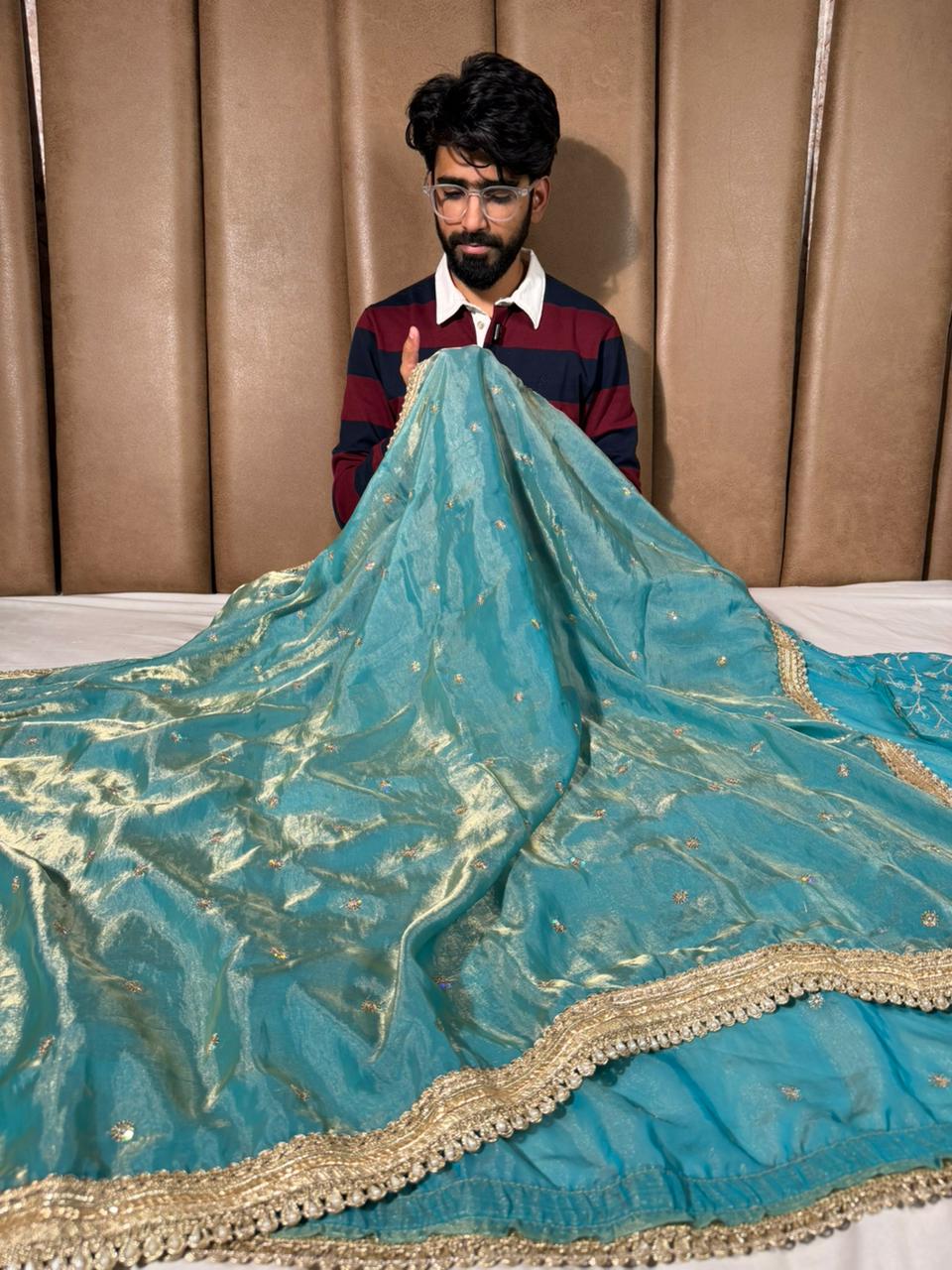 Sea Green Shimmery Tissue Silk Embroidered Lace Work Saree