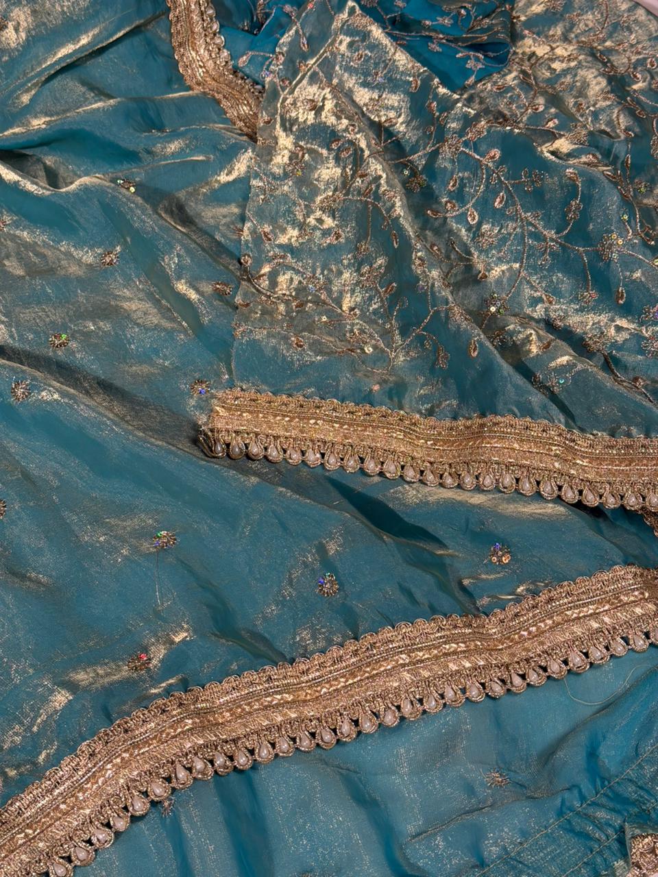 Sea Green Shimmery Tissue Silk Embroidered Lace Work Saree