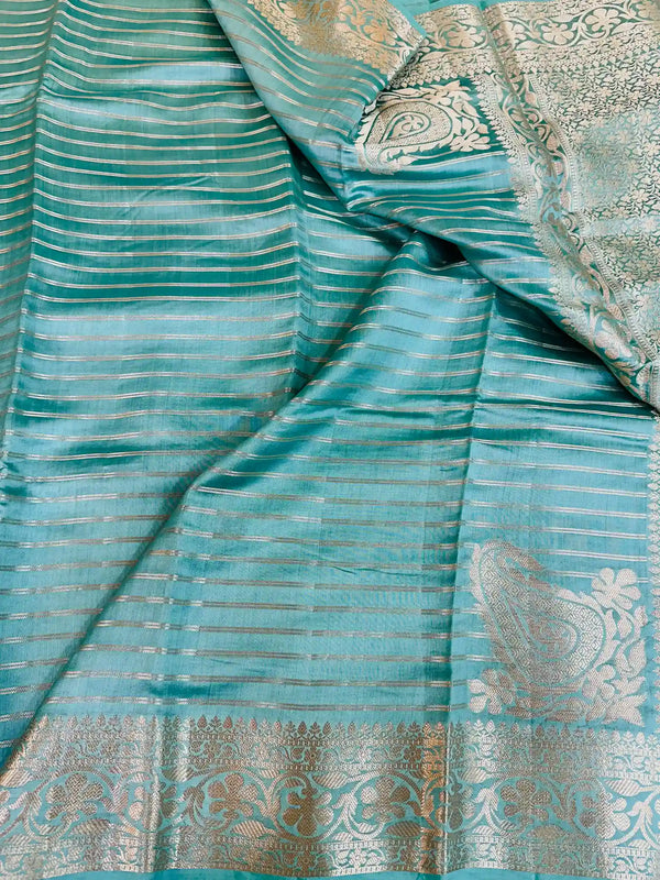 Sea Green Striped Pure Chiniya Silk Banarasi Saree